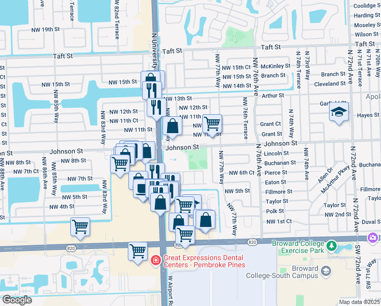map of restaurants, bars, coffee shops, grocery stores, and more near 7900 Johnson Street in Pembroke Pines