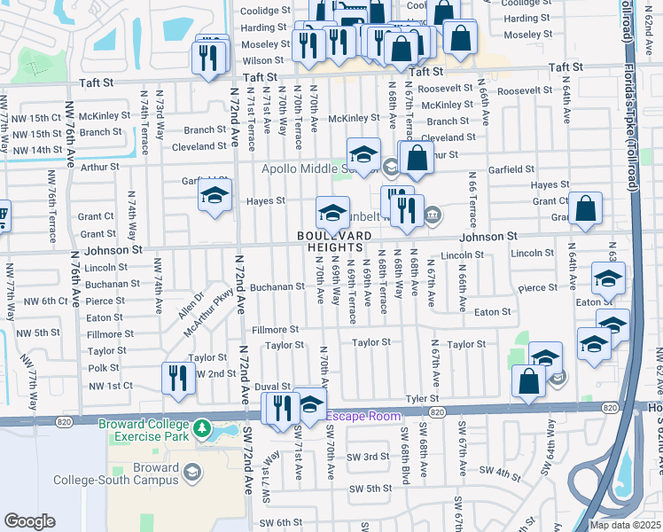 map of restaurants, bars, coffee shops, grocery stores, and more near 740 North 69th Way in Hollywood