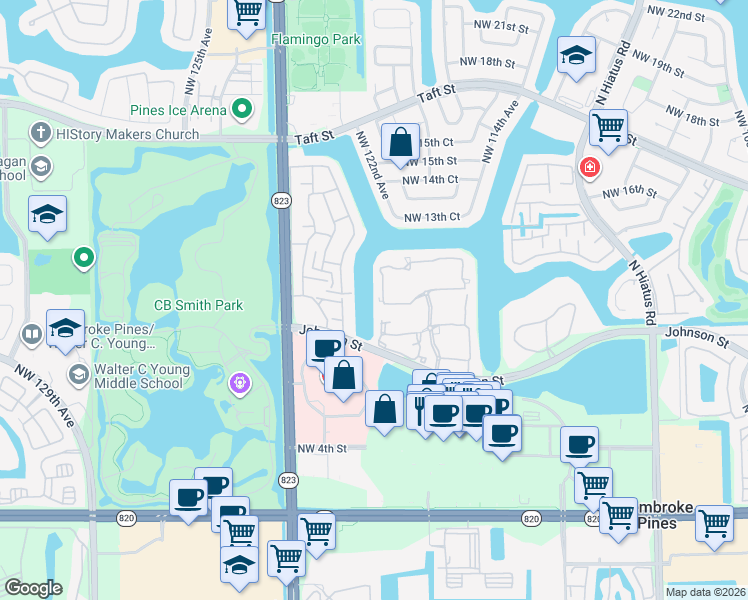 map of restaurants, bars, coffee shops, grocery stores, and more near 11979 Northwest 12th Street in Pembroke Pines