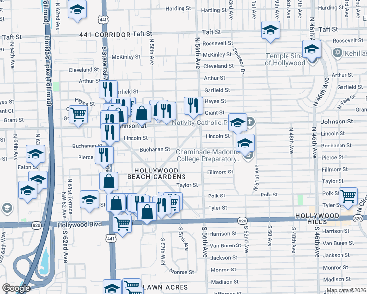 map of restaurants, bars, coffee shops, grocery stores, and more near 5711 Buchanan Street in Hollywood