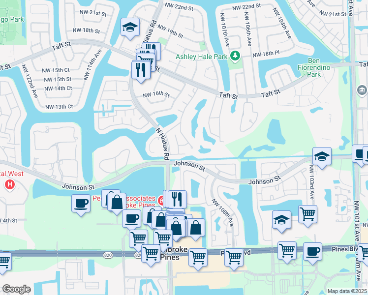 map of restaurants, bars, coffee shops, grocery stores, and more near 10910 Clubhouse Rd in Pembroke Pines