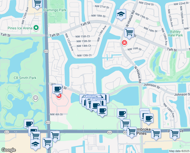 map of restaurants, bars, coffee shops, grocery stores, and more near 11704 Northwest 12th Street in Pembroke Pines