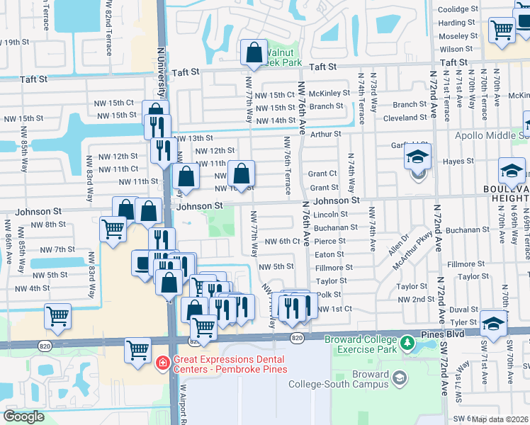 map of restaurants, bars, coffee shops, grocery stores, and more near 7741 Northwest 8th Street in Pembroke Pines