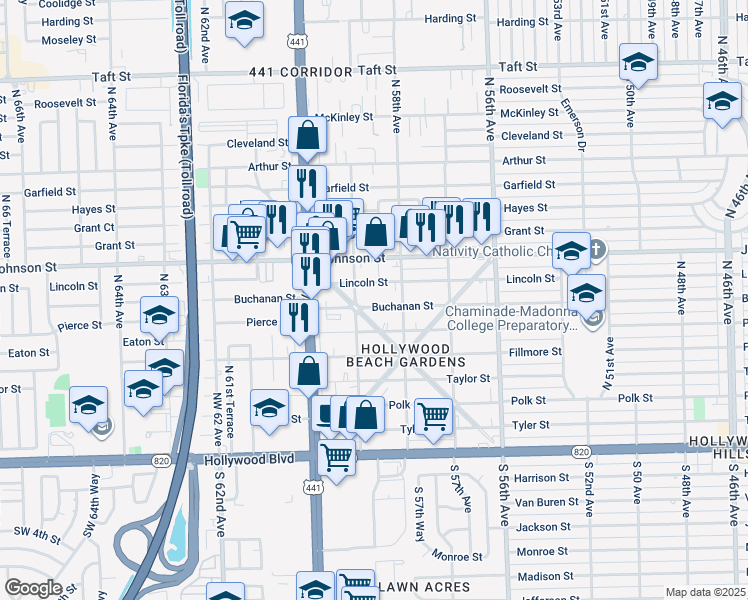 map of restaurants, bars, coffee shops, grocery stores, and more near 5827 Buchanan Street in Hollywood