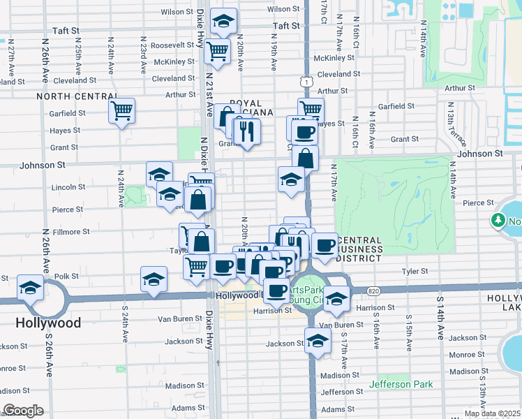 map of restaurants, bars, coffee shops, grocery stores, and more near 1946 Pierce Street in Hollywood