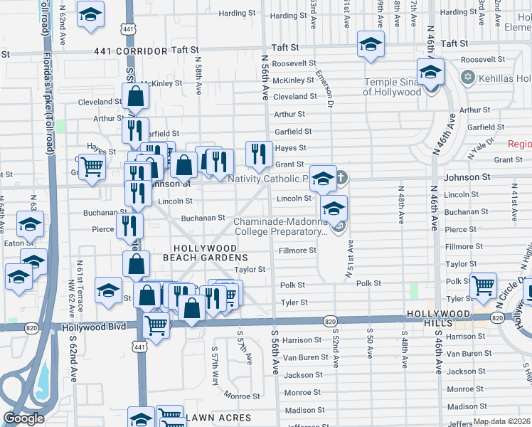 map of restaurants, bars, coffee shops, grocery stores, and more near 5619 Buchanan Street in Hollywood