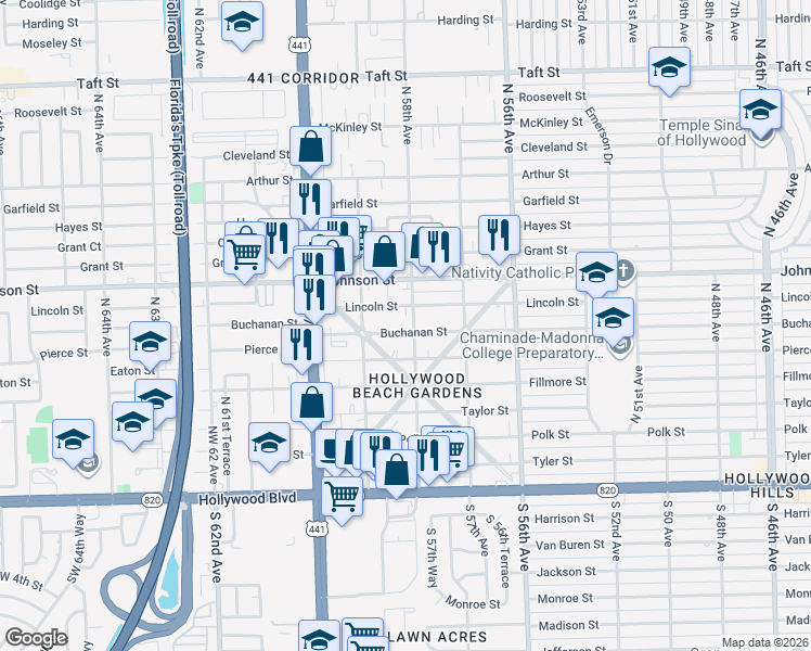 map of restaurants, bars, coffee shops, grocery stores, and more near 5743 Buchanan Street in Hollywood