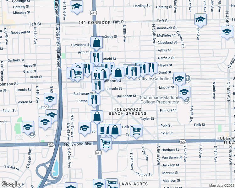 map of restaurants, bars, coffee shops, grocery stores, and more near 5827 Buchanan Street in Hollywood