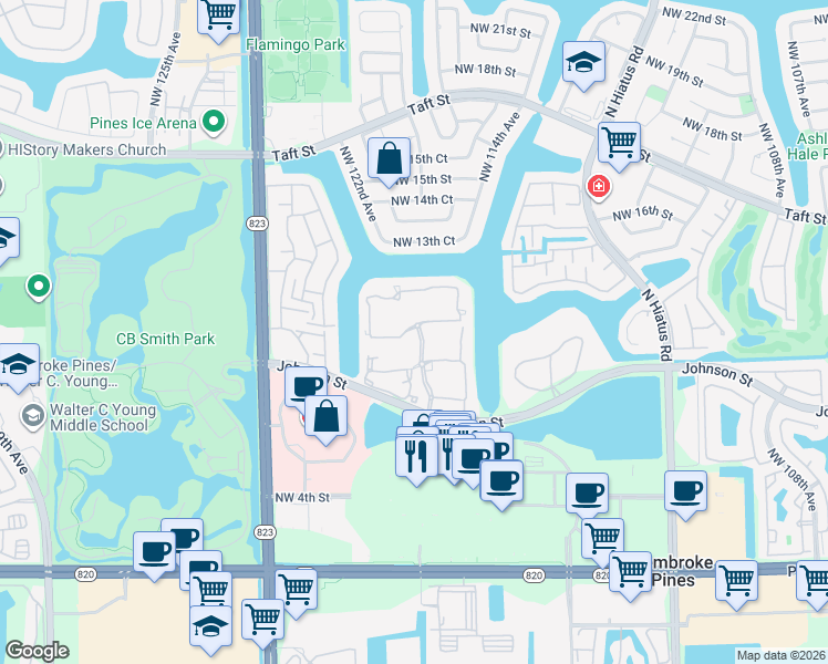 map of restaurants, bars, coffee shops, grocery stores, and more near 11939 Northwest 12th Street in Pembroke Pines