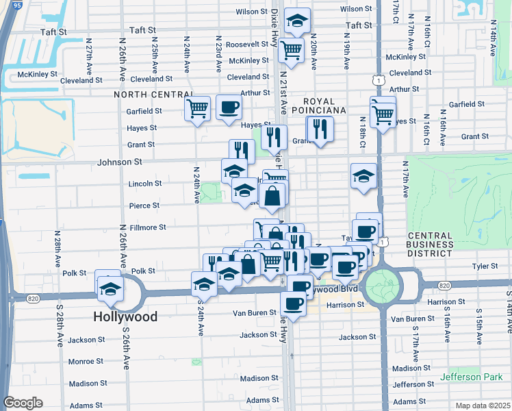 map of restaurants, bars, coffee shops, grocery stores, and more near 2148 Pierce Street in Hollywood