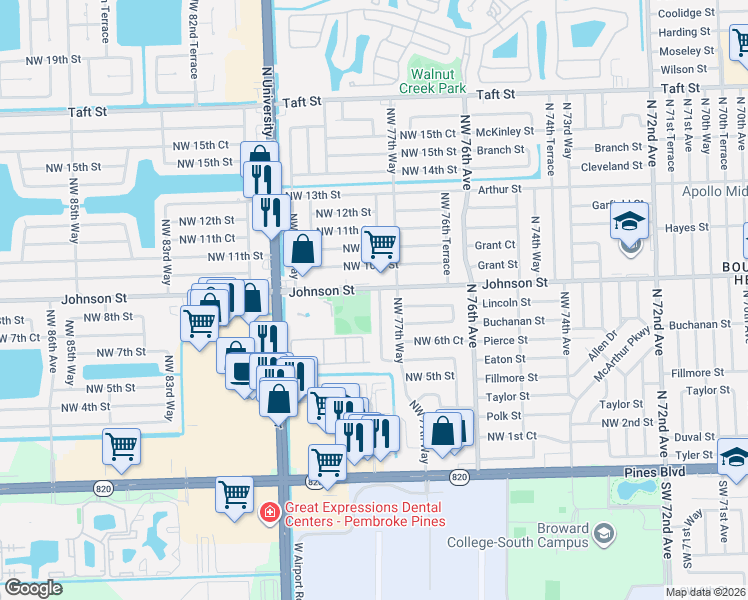 map of restaurants, bars, coffee shops, grocery stores, and more near 800 Northwest 78th Avenue in Pembroke Pines