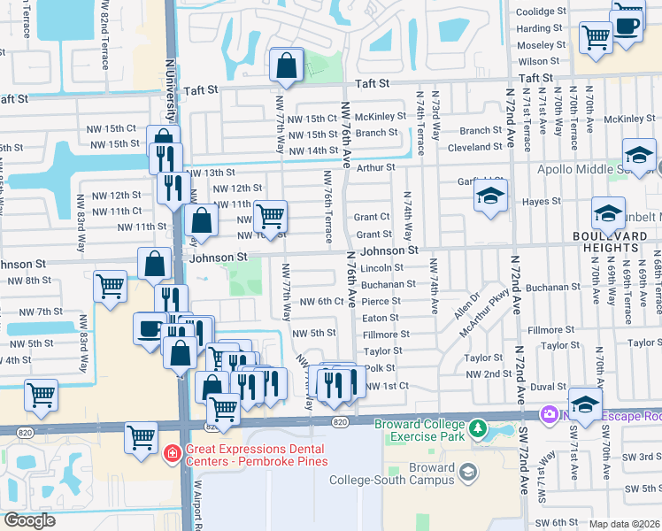 map of restaurants, bars, coffee shops, grocery stores, and more near 7631 Northwest 8th Street in Pembroke Pines