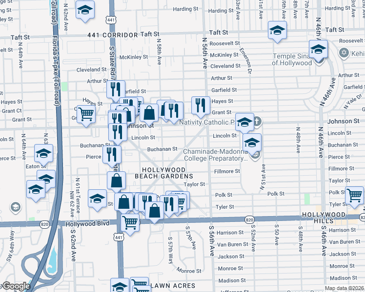 map of restaurants, bars, coffee shops, grocery stores, and more near 5711 Buchanan Street in Hollywood
