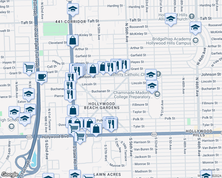 map of restaurants, bars, coffee shops, grocery stores, and more near 5711 Buchanan Street in Hollywood