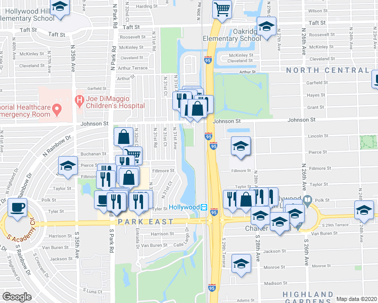 map of restaurants, bars, coffee shops, grocery stores, and more near 600 Knights Rd in Hollywood