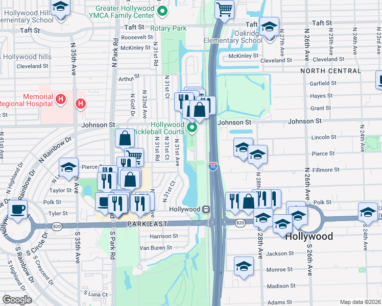 map of restaurants, bars, coffee shops, grocery stores, and more near 600 Knights Road in Hollywood