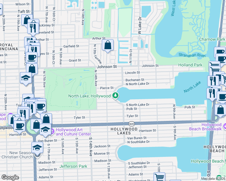 map of restaurants, bars, coffee shops, grocery stores, and more near 1209 North North Lake Drive in Hollywood