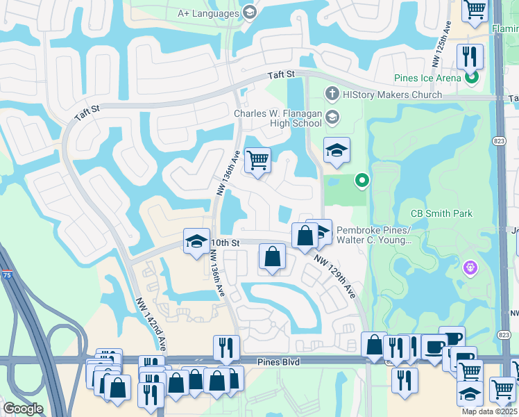 map of restaurants, bars, coffee shops, grocery stores, and more near 1145 Northwest 132nd Avenue in Pembroke Pines