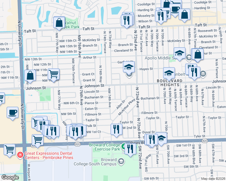 map of restaurants, bars, coffee shops, grocery stores, and more near 740 North 73rd Terrace in Hollywood