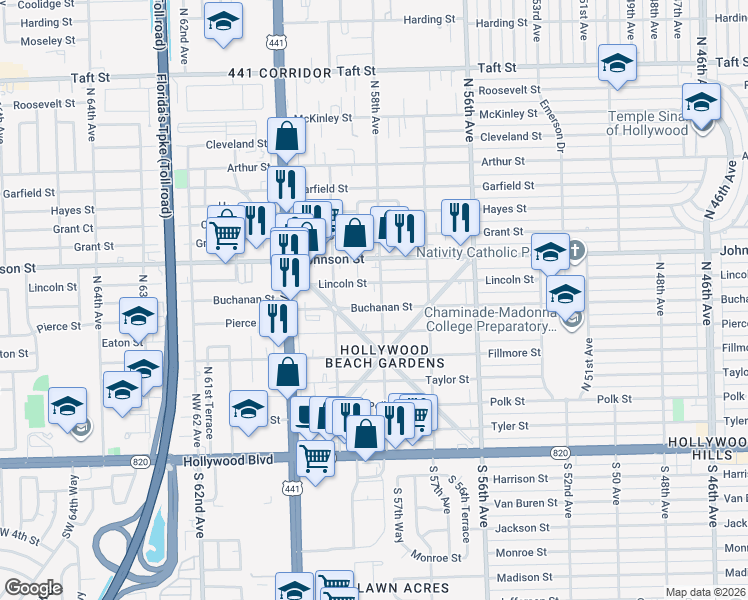 map of restaurants, bars, coffee shops, grocery stores, and more near 5743 Buchanan Street in Hollywood