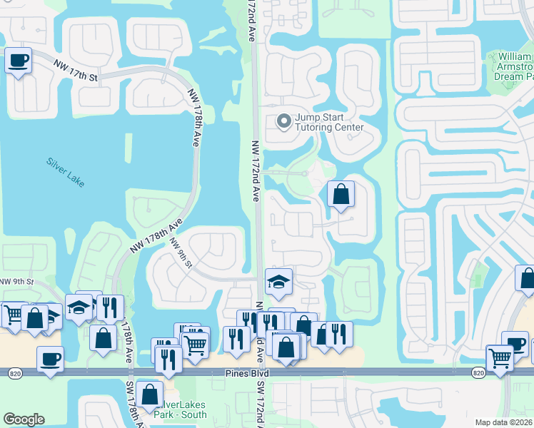 map of restaurants, bars, coffee shops, grocery stores, and more near 1278 Northwest 171st Terrace in Pembroke Pines
