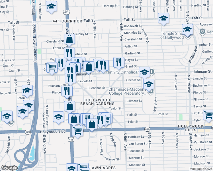 map of restaurants, bars, coffee shops, grocery stores, and more near 5711 Buchanan Street in Hollywood