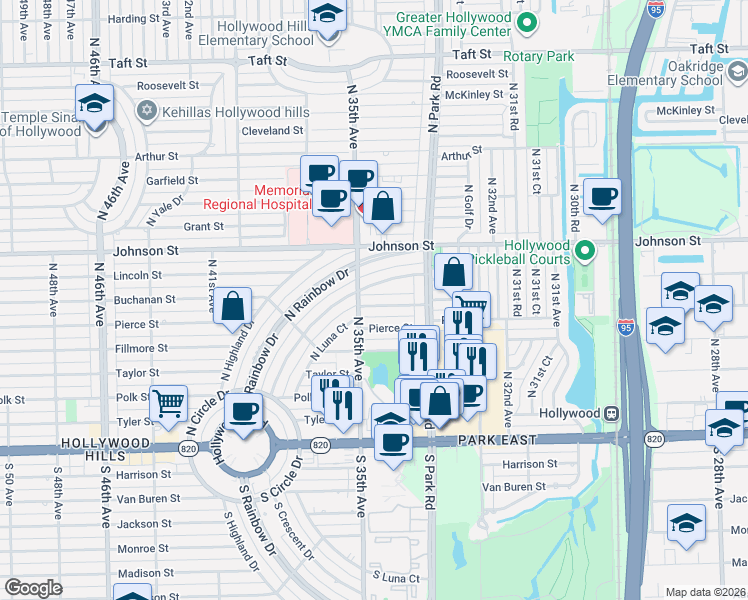 map of restaurants, bars, coffee shops, grocery stores, and more near 3461 Buchanan Street in Hollywood