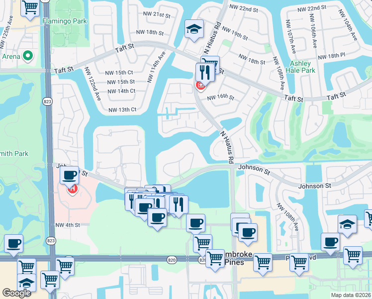 map of restaurants, bars, coffee shops, grocery stores, and more near 1101 Colony Point Circle in Pembroke Pines