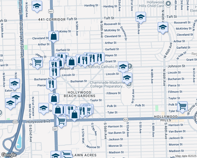 map of restaurants, bars, coffee shops, grocery stores, and more near 5617 Buchanan Street in Hollywood