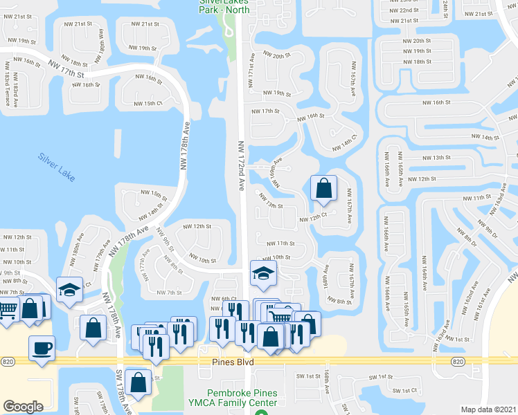 map of restaurants, bars, coffee shops, grocery stores, and more near 1286 Northwest 171st Terrace in Pembroke Pines