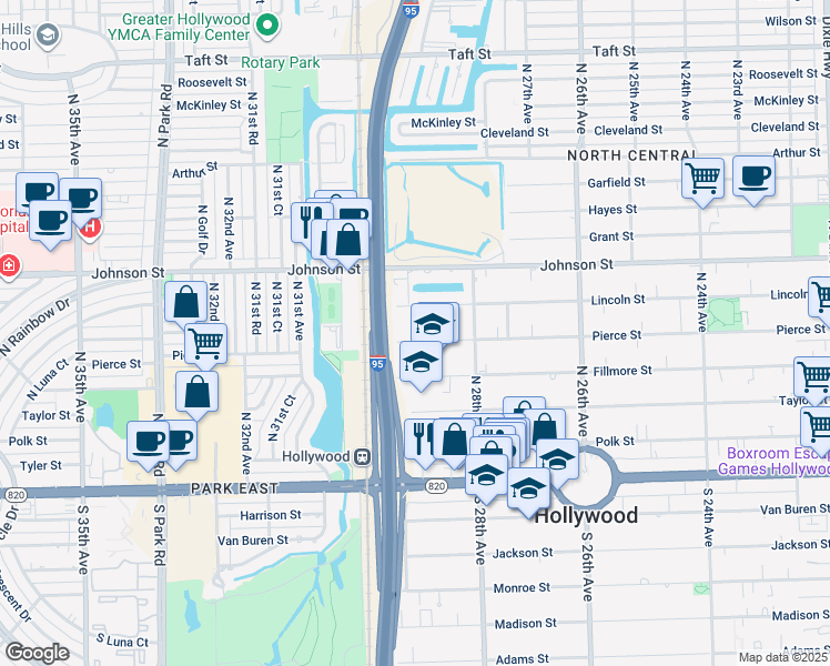 map of restaurants, bars, coffee shops, grocery stores, and more near 2905 Pierce Street in Hollywood