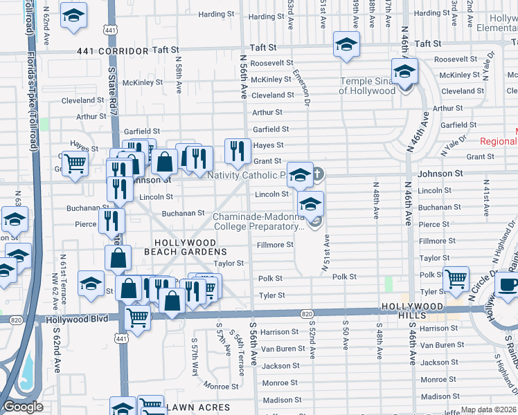 map of restaurants, bars, coffee shops, grocery stores, and more near 5501 Buchanan Street in Hollywood