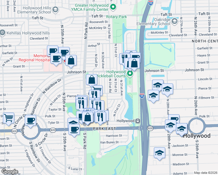 map of restaurants, bars, coffee shops, grocery stores, and more near 612 North 31st Road in Hollywood