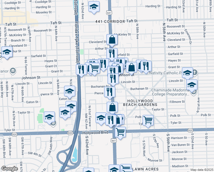 map of restaurants, bars, coffee shops, grocery stores, and more near 700 U.S. 441 in Hollywood