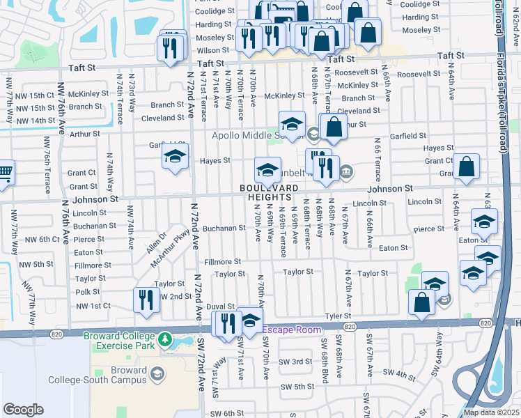map of restaurants, bars, coffee shops, grocery stores, and more near 740 North 69th Way in Hollywood