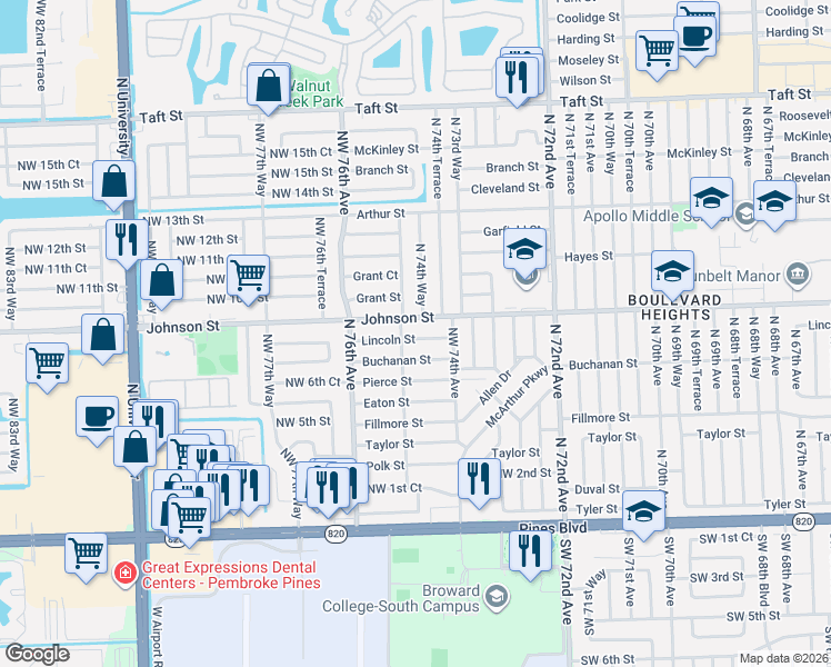 map of restaurants, bars, coffee shops, grocery stores, and more near 7490 Lincoln Street in Hollywood