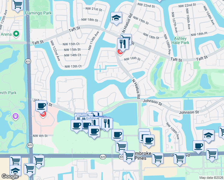 map of restaurants, bars, coffee shops, grocery stores, and more near 11500 Colony Point Drive in Pembroke Pines