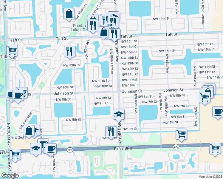 map of restaurants, bars, coffee shops, grocery stores, and more near 8901 Johnson Street in Pembroke Pines