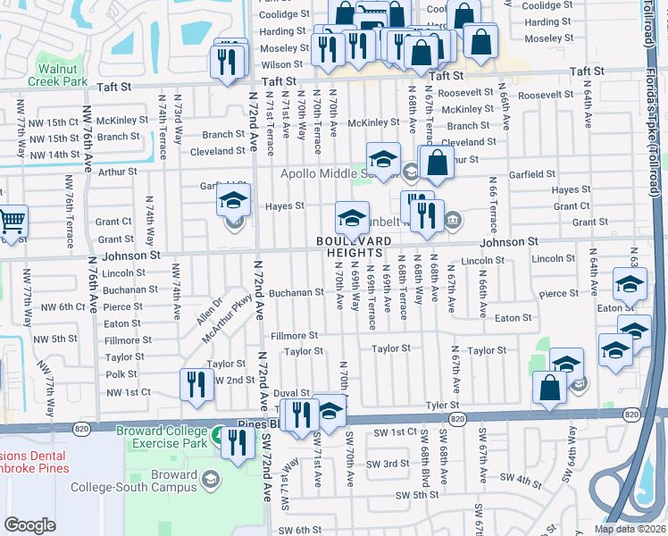 map of restaurants, bars, coffee shops, grocery stores, and more near 800 North 70th Terrace in Hollywood