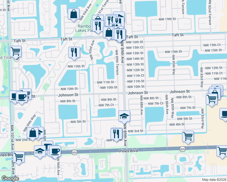 map of restaurants, bars, coffee shops, grocery stores, and more near 8901 Johnson Street in Pembroke Pines