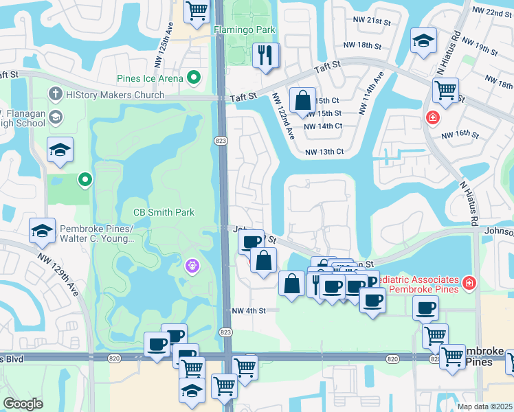 map of restaurants, bars, coffee shops, grocery stores, and more near 12241 Northwest 11th Street in Pembroke Pines