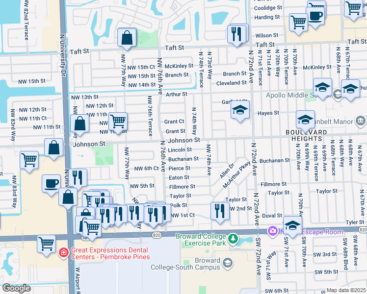 map of restaurants, bars, coffee shops, grocery stores, and more near 7490 Lincoln Street in Hollywood