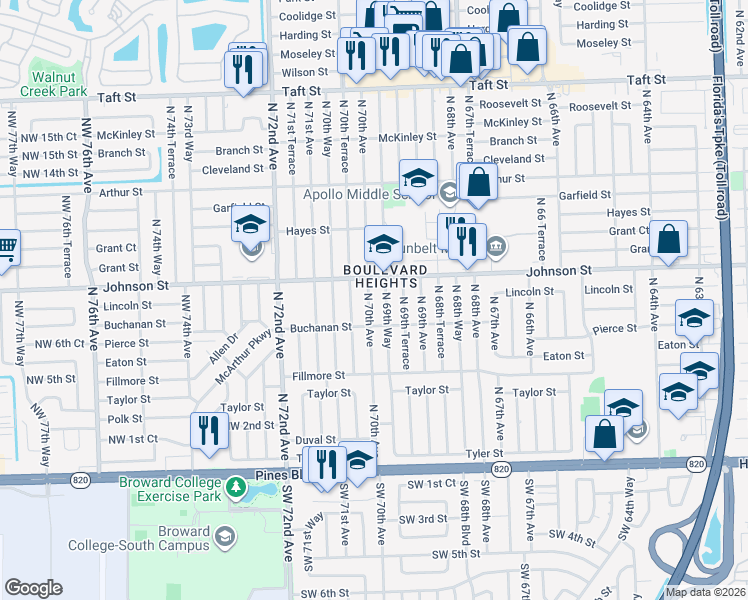 map of restaurants, bars, coffee shops, grocery stores, and more near 740 North 69th Way in Hollywood