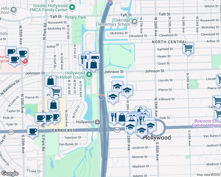 map of restaurants, bars, coffee shops, grocery stores, and more near 2905 Pierce Street in Hollywood