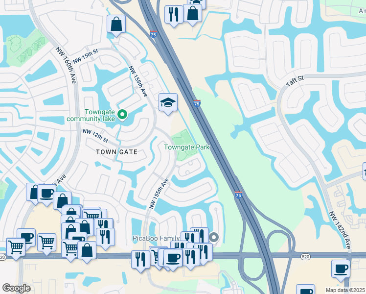 map of restaurants, bars, coffee shops, grocery stores, and more near 901 Northwest 155th Avenue in Pembroke Pines
