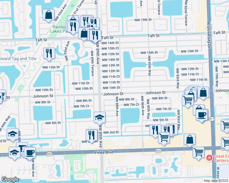 map of restaurants, bars, coffee shops, grocery stores, and more near 8791 Johnson Street in Pembroke Pines