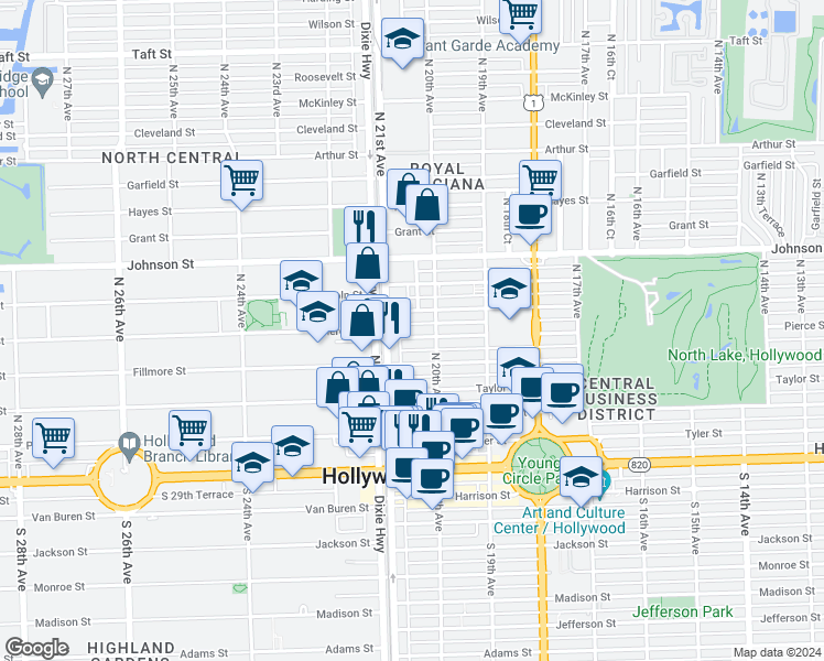 map of restaurants, bars, coffee shops, grocery stores, and more near 2028 Pierce Street in Hollywood
