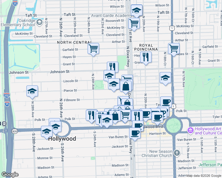 map of restaurants, bars, coffee shops, grocery stores, and more near 2236 Pierce Street in Hollywood