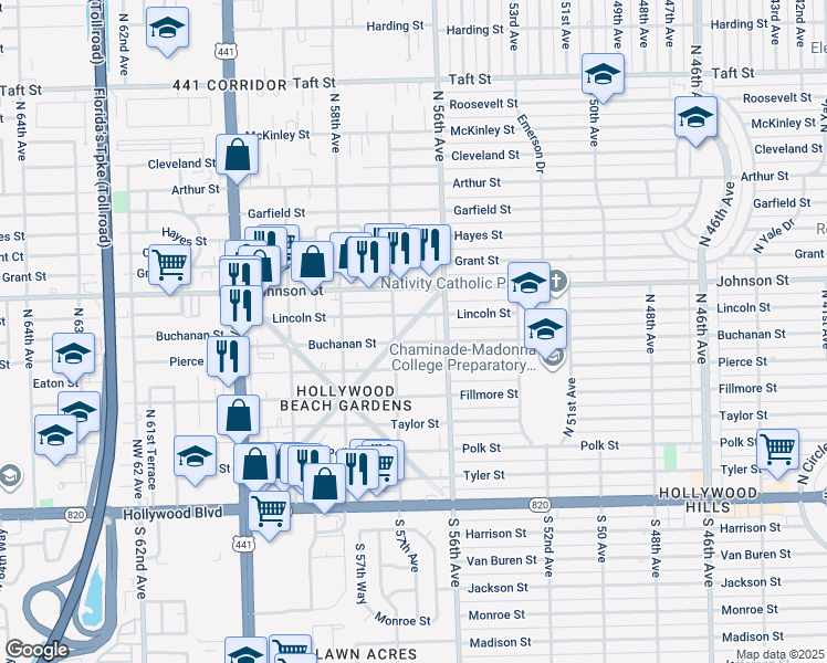 map of restaurants, bars, coffee shops, grocery stores, and more near 5619 Buchanan Street in Hollywood