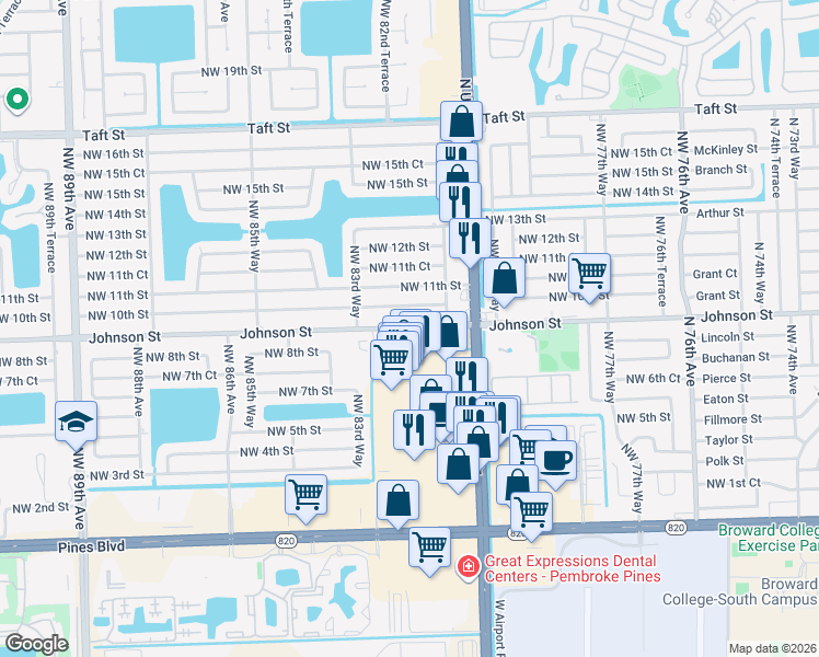 map of restaurants, bars, coffee shops, grocery stores, and more near 8200 Johnson Street in Pembroke Pines